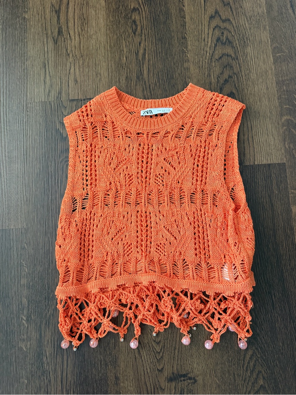 Zara Bright Orange Crochet Fringe Tank with Bead Accents